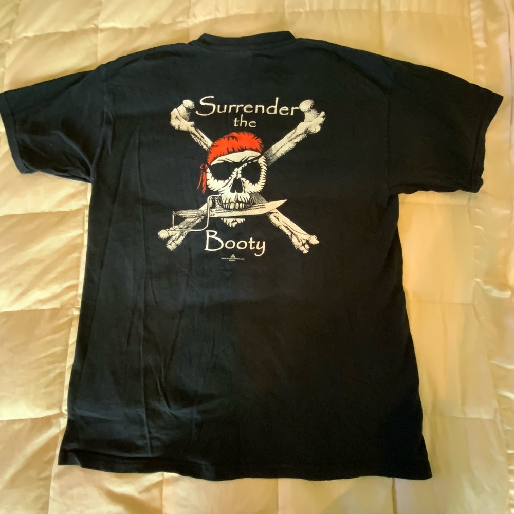 Gildan Tee Shirt Black With Text Surrender The Booty and Pirate Skull And Bones